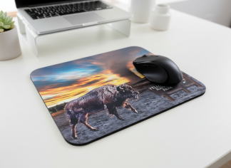 Old Faithful Yellowstone mouse pad featuring bison at sunset with geyser steam and Yellowstone National Park sign