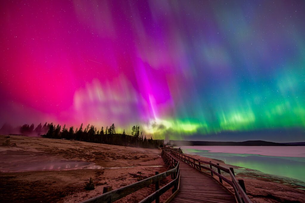 Northern Lights over West Thumb Geyser Basin, Yellowstone National Park.