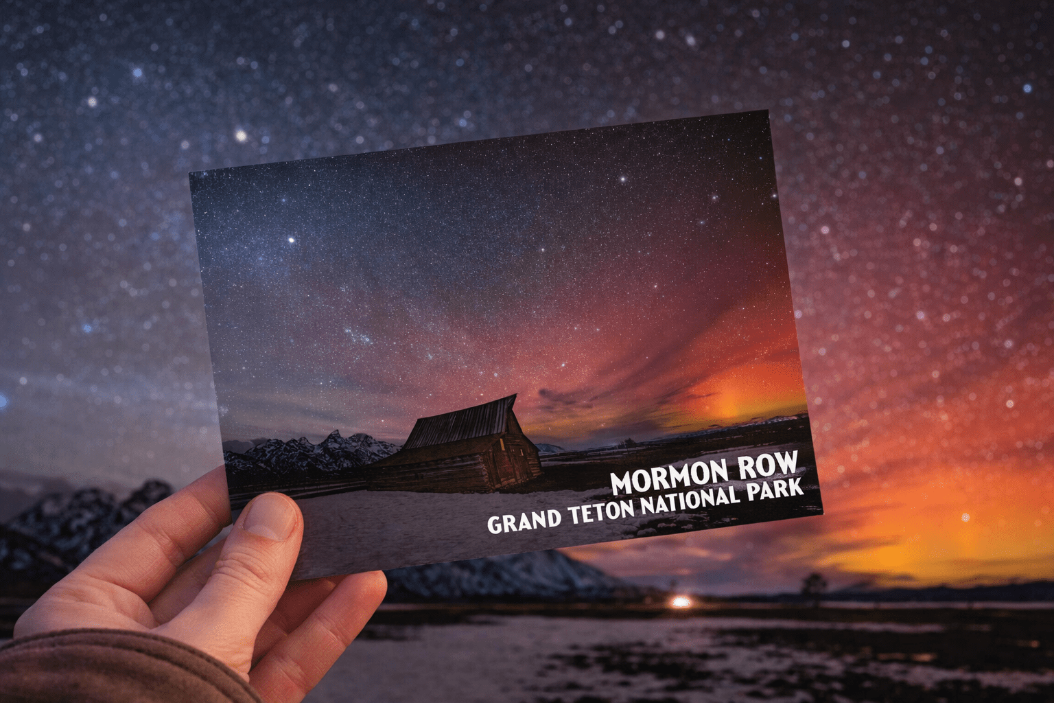 Mormon Row Northern Lights Postcard – Moulton Barn, Grand Teton National Park