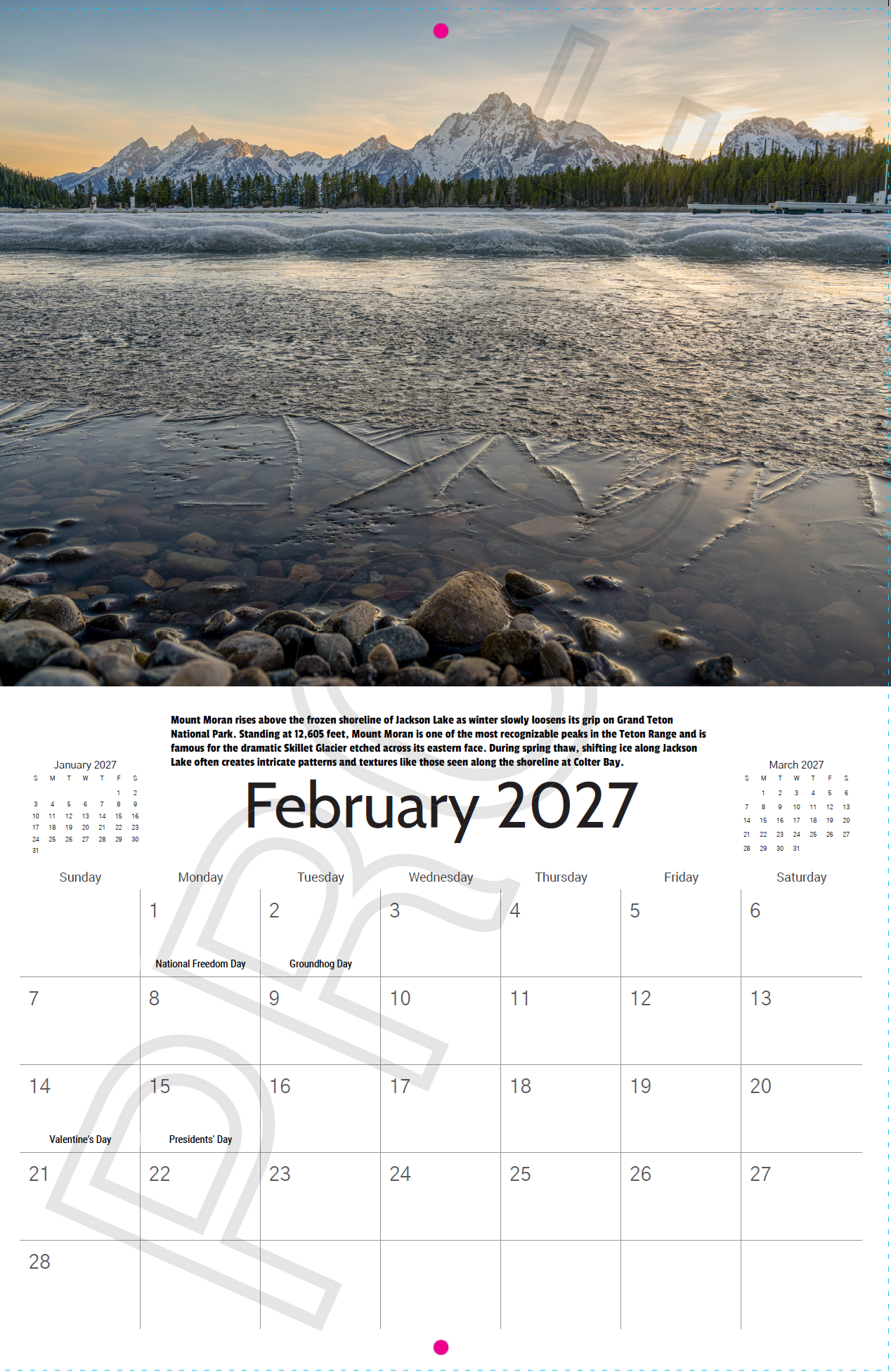 Mount Moran reflected along the frozen shoreline of Jackson Lake in Grand Teton National Park featured in the 2027 Wyoming Photography Calendar.