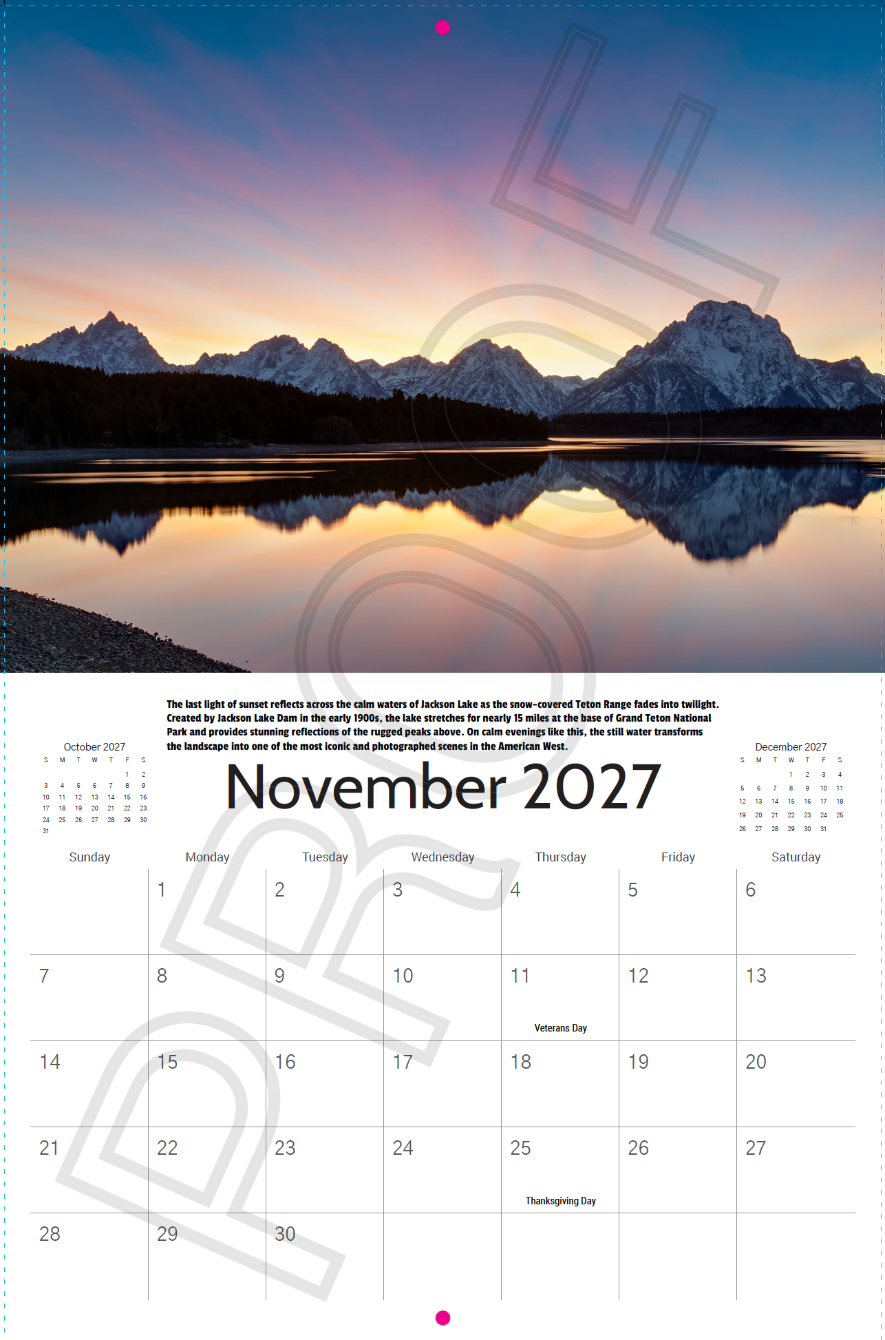 Sunset reflections across Jackson Lake and the Teton Range in Grand Teton National Park featured in the 2027 Wyoming Photography Calendar.